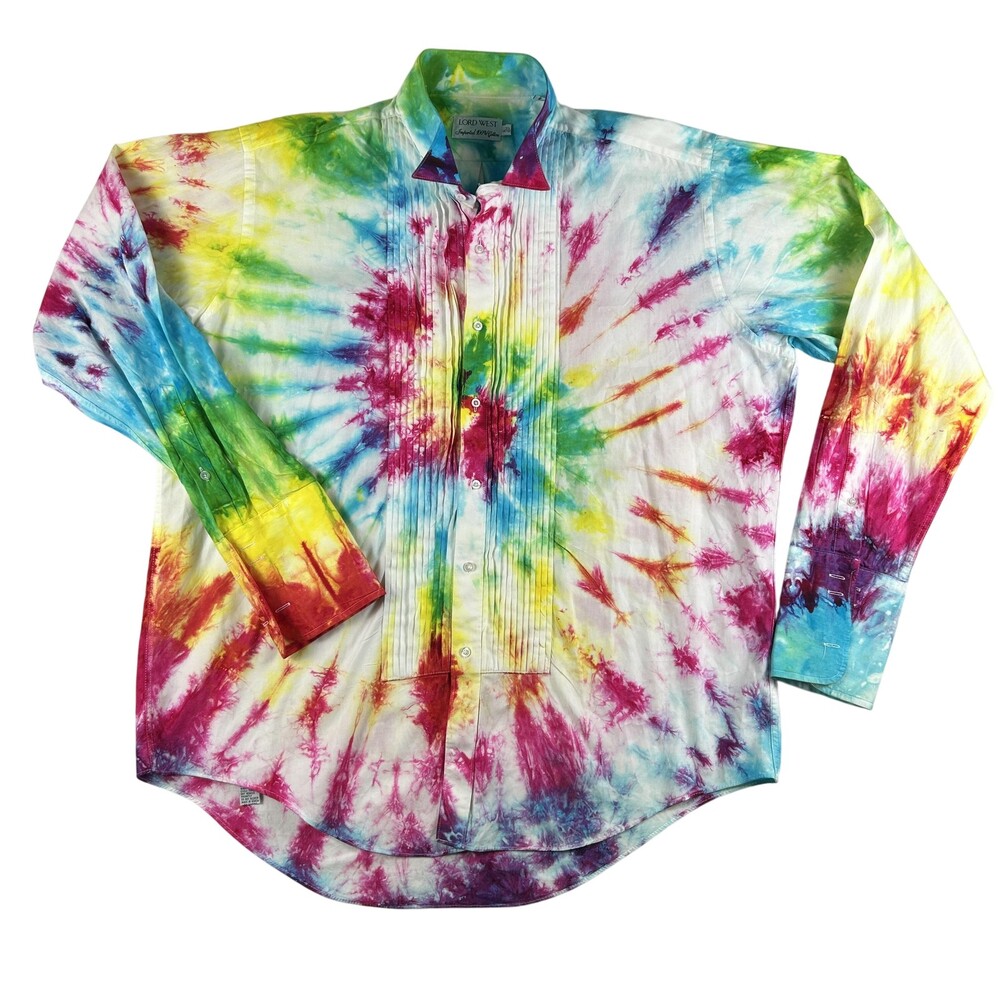 Vintage Lord West Shirt Mens 16.5 Large Tie Dye Tuxedo Button Up 100% Cotton 90s